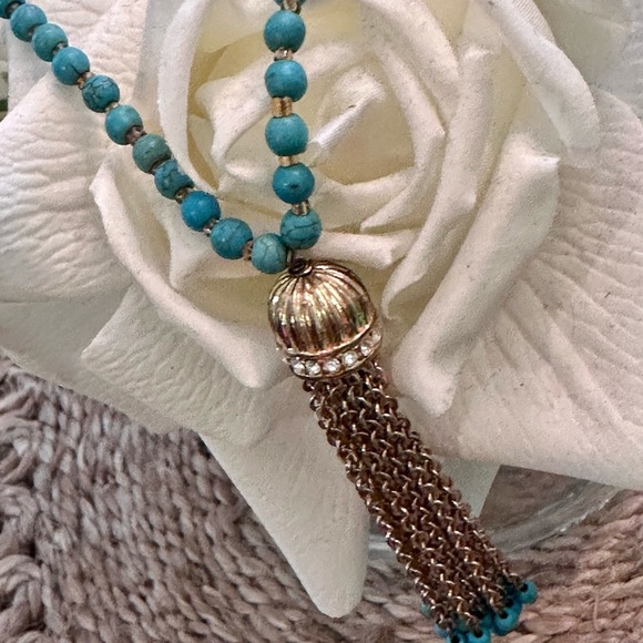 Turquoise Necklace with gold tassel pendant - Picture 3 of 8